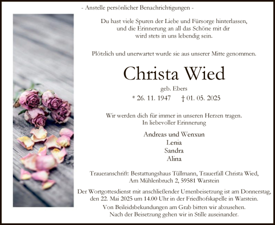 Todesanzeige von Christa Wied von WA
