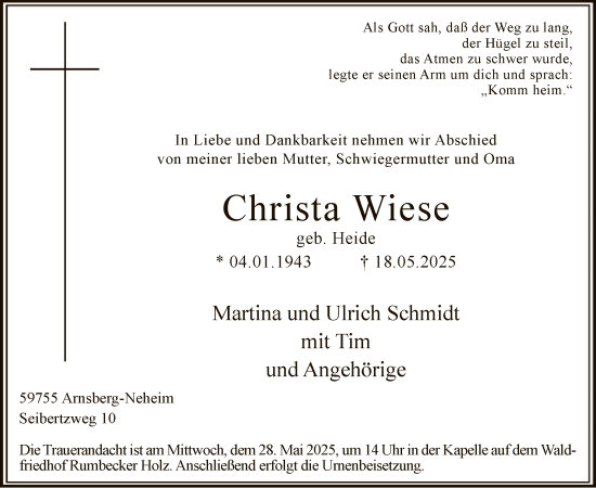 Todesanzeige von Christa Wiese von HASK