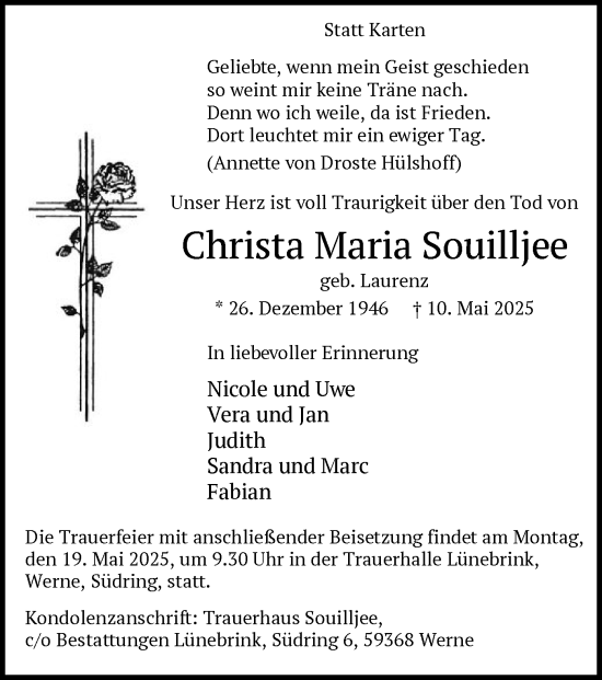 Todesanzeige von Christa Maria Souilljee von WA