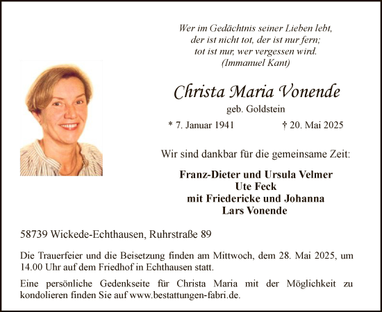 Todesanzeige von Christa Maria Vonende von HASO