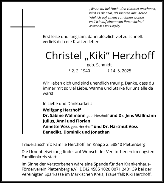 Todesanzeige von Christel Herzhoff von WA
