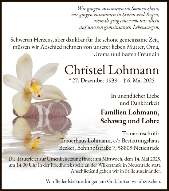 Todesanzeige von Christel Lohmann von WA