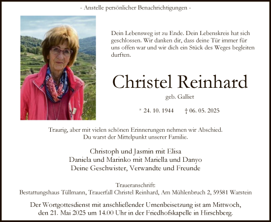 Todesanzeige von Christel Reinhard von WA