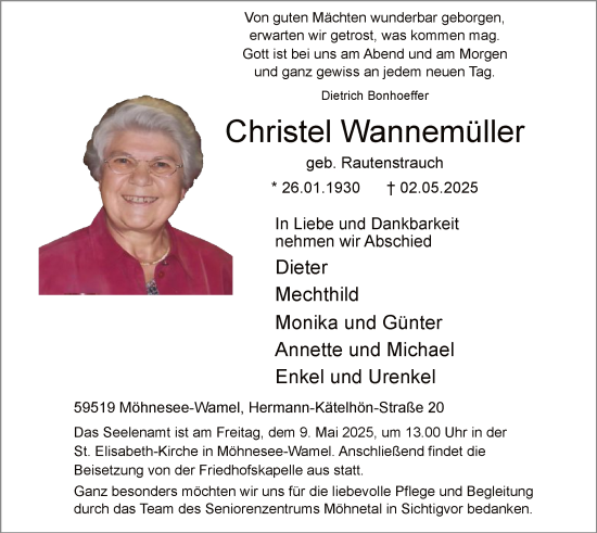 Todesanzeige von Christel Wannemüller von WA