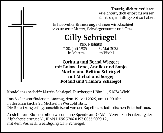 Todesanzeige von Cilly Schriegel von WA