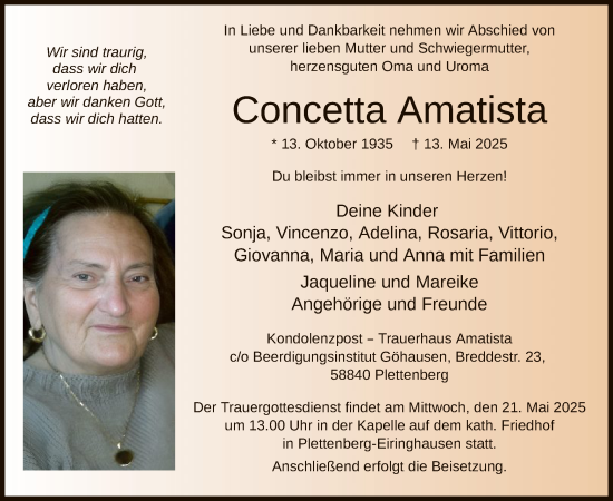 Todesanzeige von Concetta Amatista von WA