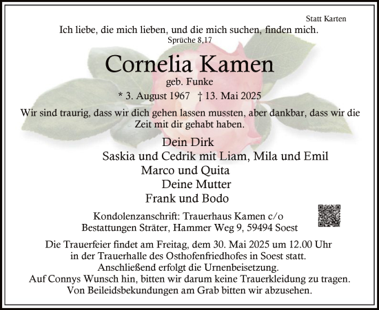 Todesanzeige von Cornelia Kamen von HASO