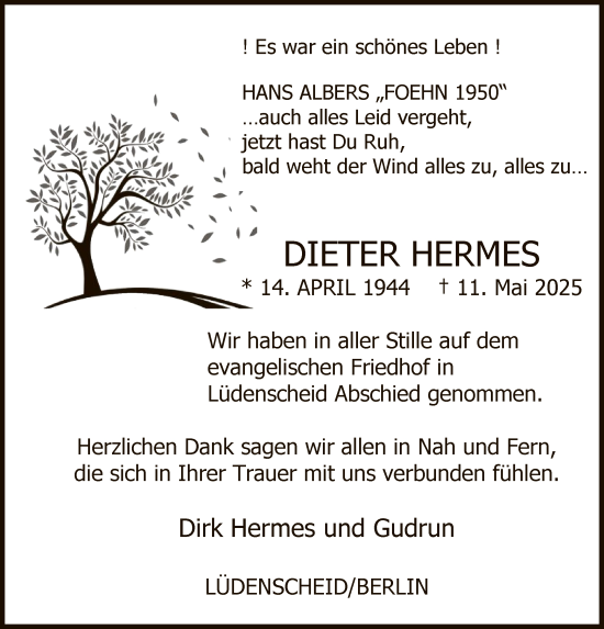 Todesanzeige von Dieter Hermes von HALN
