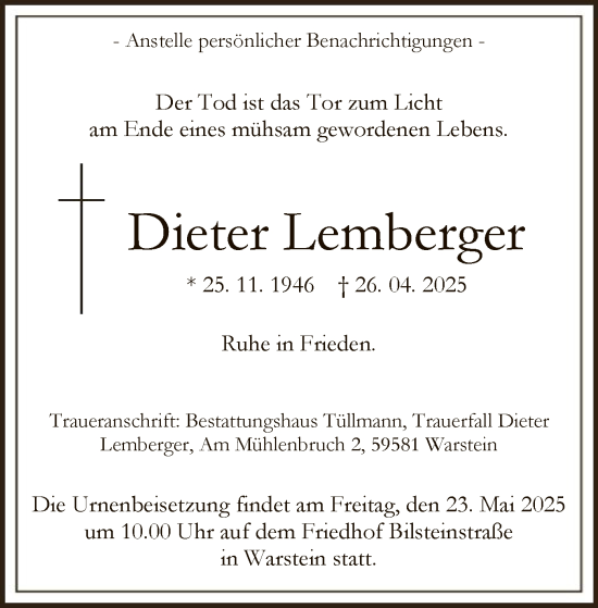 Todesanzeige von Dieter Lemberger von WA