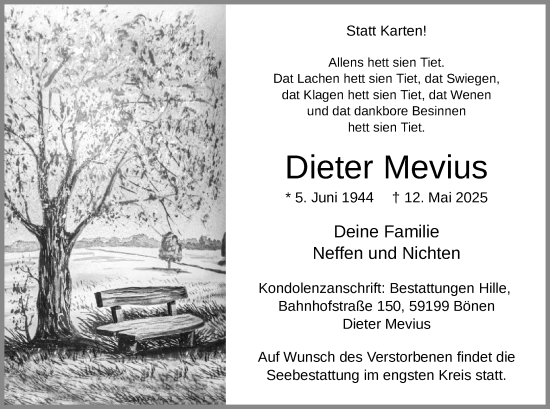 Todesanzeige von Dieter Mevius von WA
