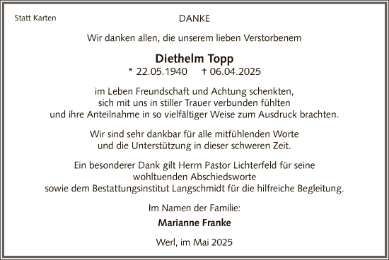 Todesanzeige von Diethelm Topp von WA