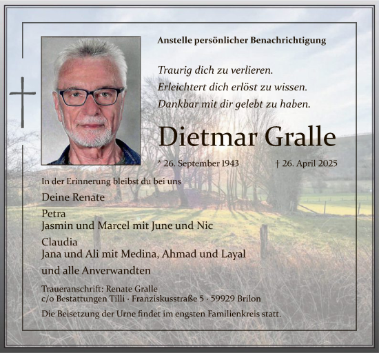 Todesanzeige von Dietmar Gralle von WA