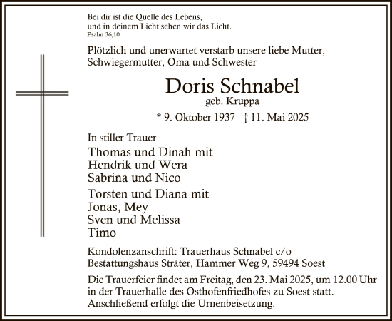 Todesanzeige von Doris Schnabel von WA