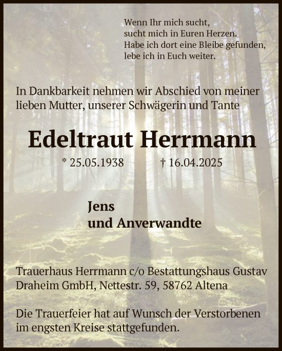 Todesanzeige von Edeltraut Herrmann von WA