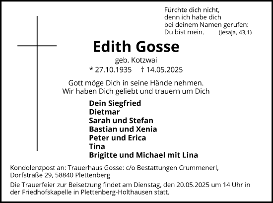 Todesanzeige von Edith Gosse von WA