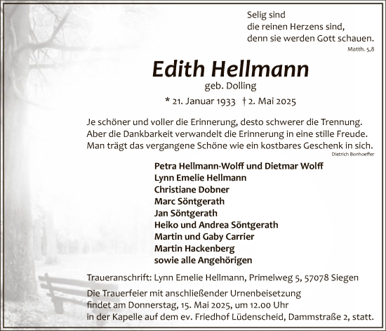 Todesanzeige von Edith Hellmann von WA
