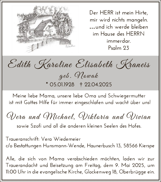 Todesanzeige von Edith Karoline Elisabeth Kraneis von WA