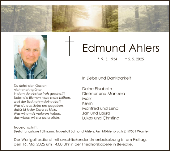 Todesanzeige von Edmund Ahlers von WA