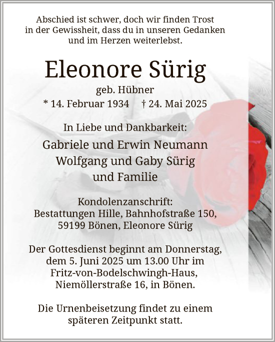 Todesanzeige von Eleonore Sürig von HAWA