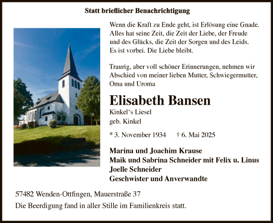 Todesanzeige von Elisabeth Bansen von HASK