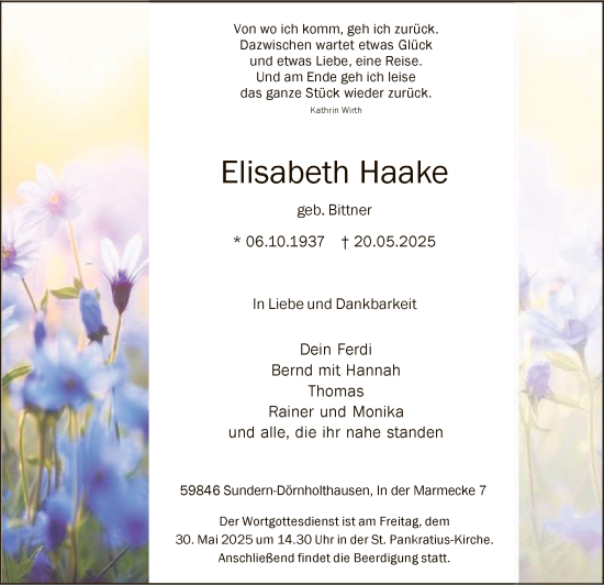 Todesanzeige von Elisabeth Haake von HASK