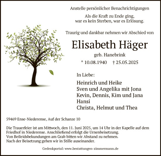 Todesanzeige von Elisabeth Häger von HASO