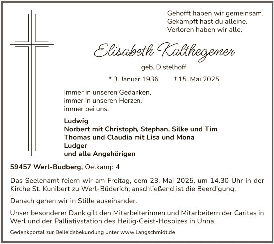 Todesanzeige von Elisabeth Kalthegener von WA