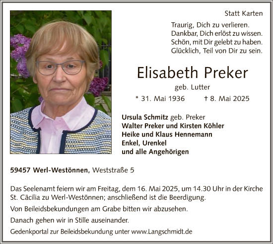 Todesanzeige von Elisabeth Preker von WA
