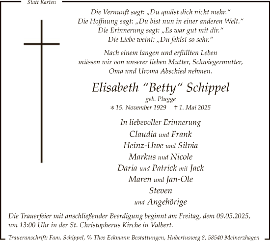 Todesanzeige von Elisabeth Schippel von WA