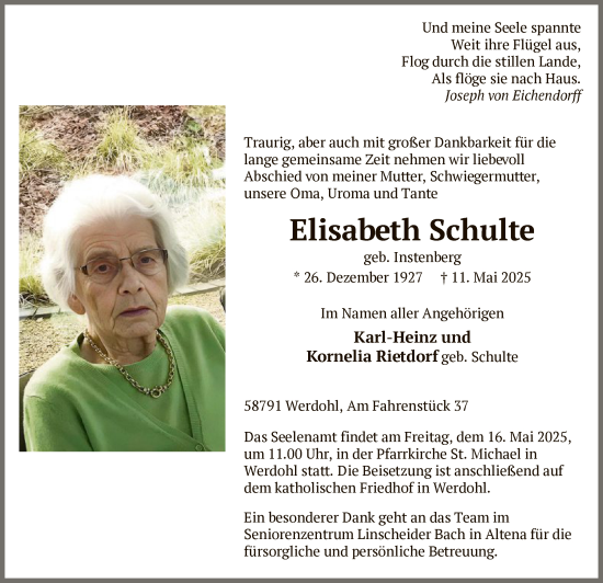 Todesanzeige von Elisabeth Schulte von WA