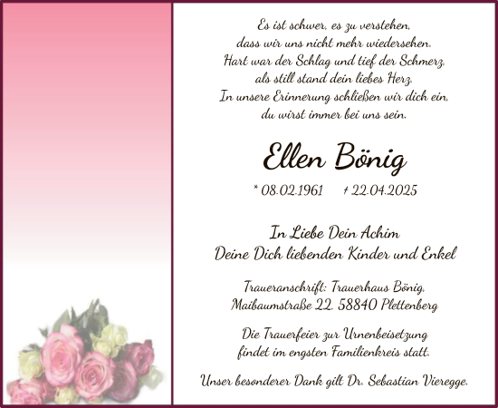 Todesanzeige von Ellen Bönig von WA