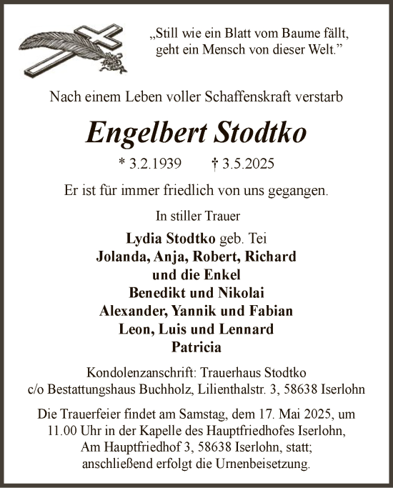 Todesanzeige von Engelbert Stodtko von WA