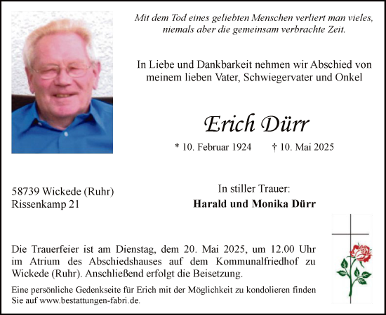 Todesanzeige von Erich Dürr von WA