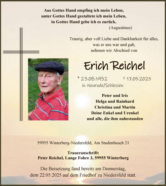 Todesanzeige von Erich Reichel von HASK