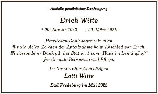 Todesanzeige von Erich Witte von WA