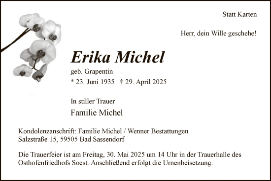 Todesanzeige von Erika Michel von WA