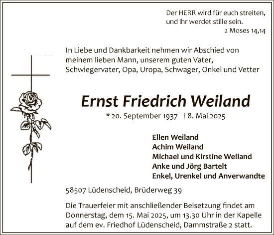 Todesanzeige von Ernst Friedrich Weiland von WA