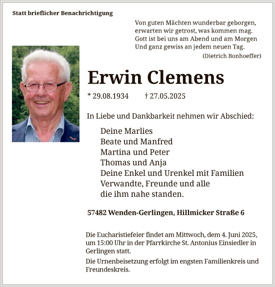 Todesanzeige von Erwin Clemens von HASK