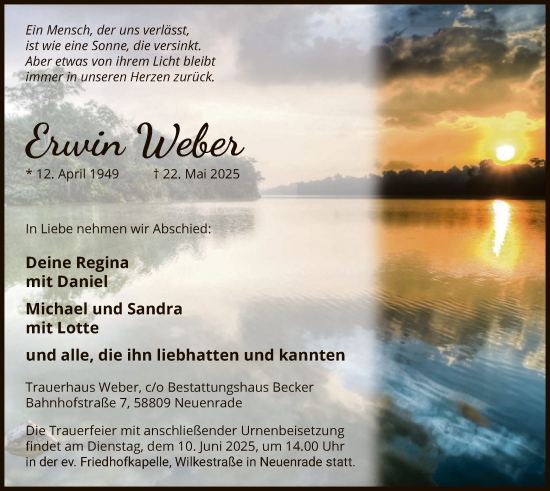 Todesanzeige von Erwin Weber von HALN