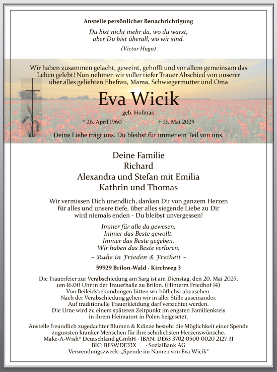Todesanzeige von Eva Wicik von WA