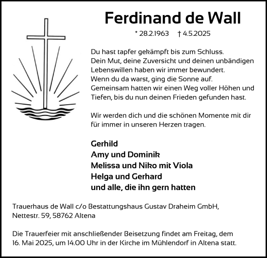 Todesanzeige von Ferdinand de Wall von WA
