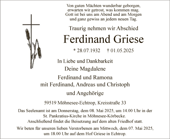 Todesanzeige von Ferdinand Griese von WA