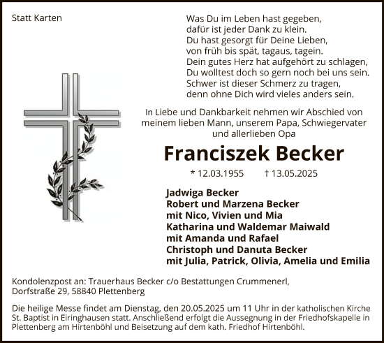 Todesanzeige von Franciszek Becker von WA