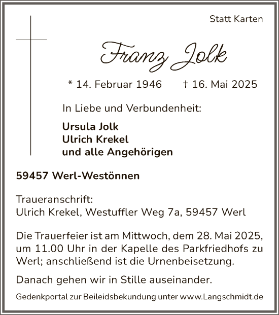 Todesanzeige von Franz Jolk von WA