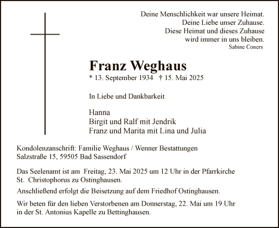 Todesanzeige von Franz Weghaus von WA