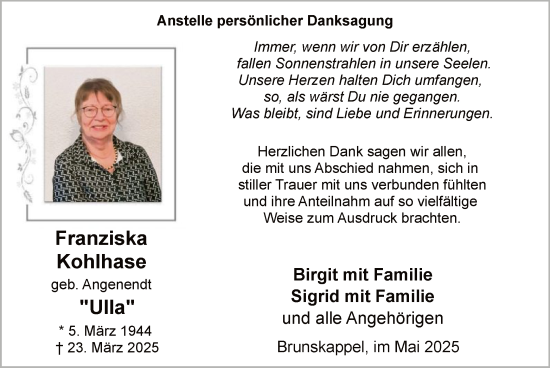 Todesanzeige von Franziska Kohlhase von HASK