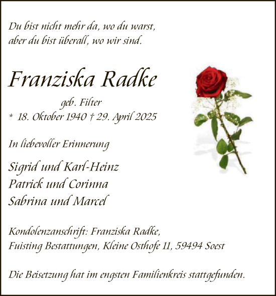 Todesanzeige von Franziska Radke von WA