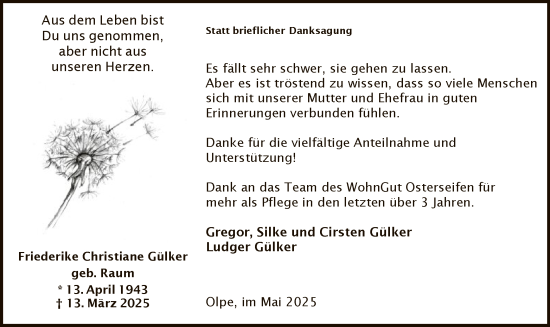 Todesanzeige von Friederike Christiane Gülker von WA