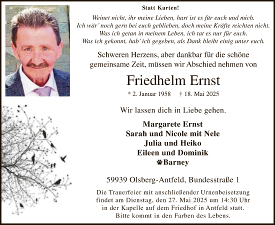 Todesanzeige von Friedhelm Ernst von HASK