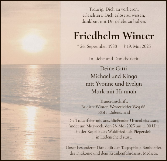 Todesanzeige von Friedhelm Winter von HALN